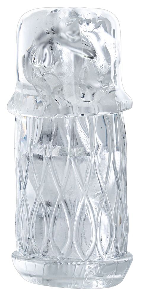 Transparentes Produkt mit geriffelter Oberfläche. Zylindrische Form mit abgerundeter Oberseite. Basis und Oberteil sind breiter.