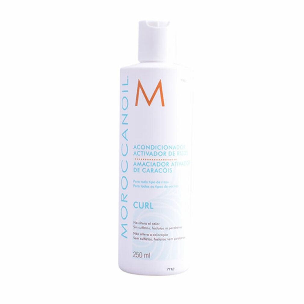 Weiße Flasche mit blauem Etikett. Text: Moroccanoil, Acondicionador Activador de Rizos, Curl. 250 ml.