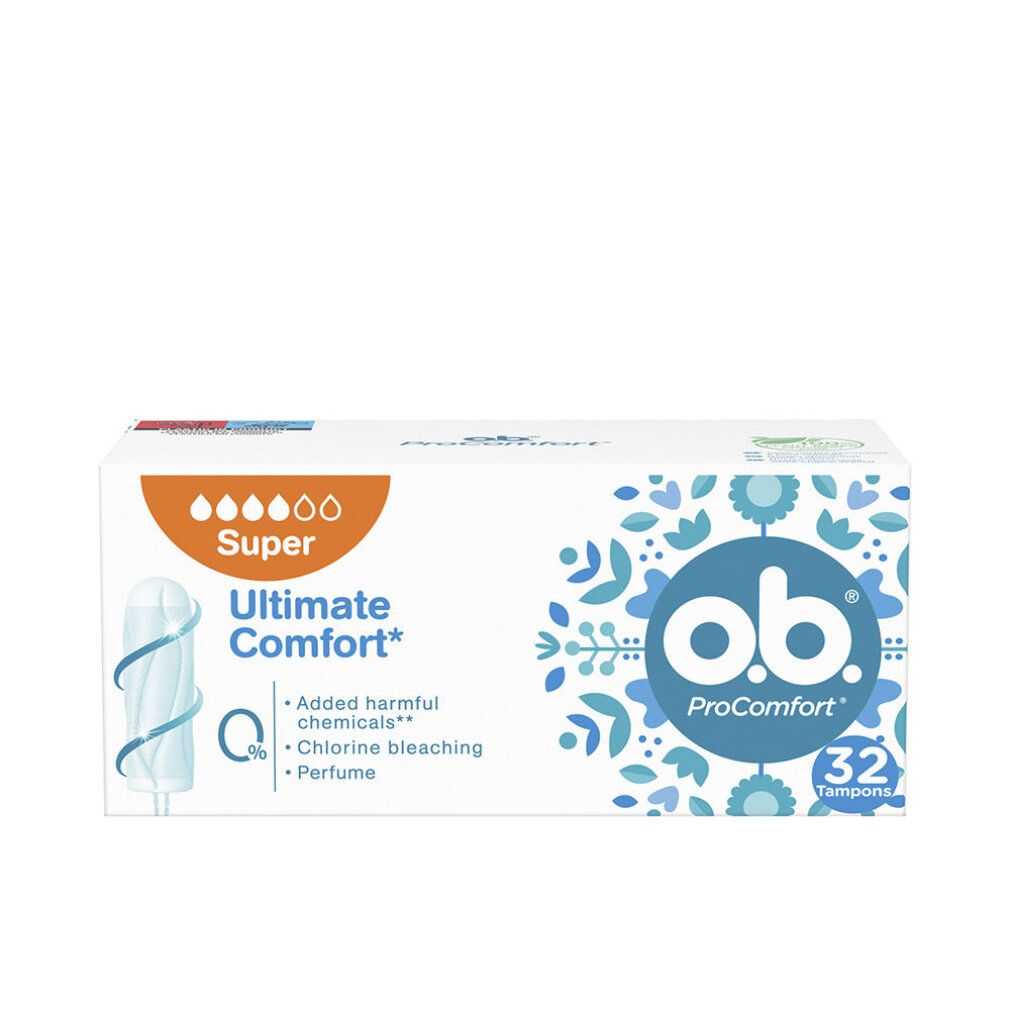 Packung o.b. ProComfort Super mit 32 Tampons. Weiße Verpackung mit Produktabbildung und Super-Kennzeichnung.