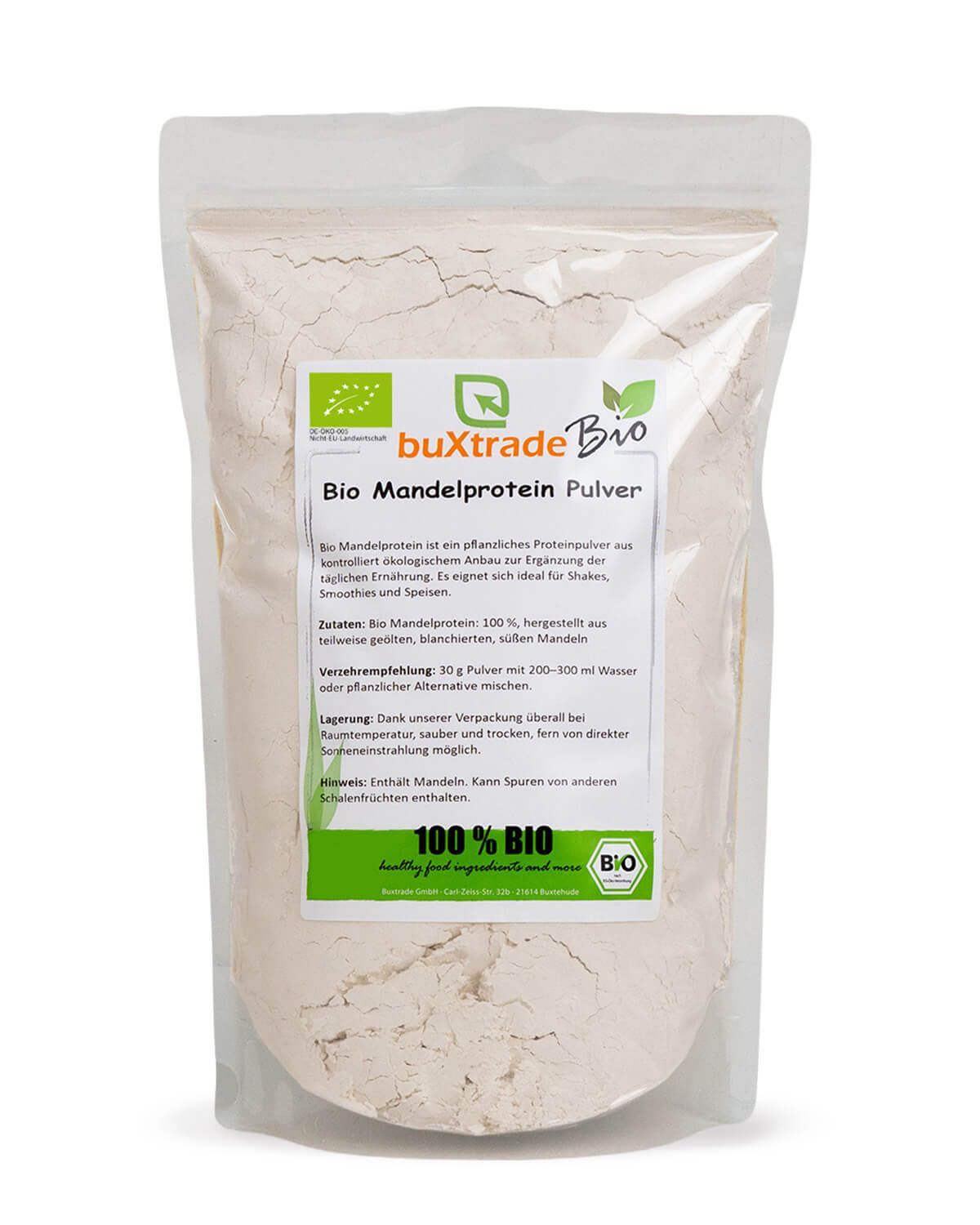 Verpackung mit buXtrade Bio Mandelprotein Pulver. Enthält 100% Bio-Mandelprotein.