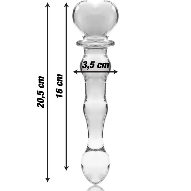 Klarer Glasdildo mit Herzspitze. Maße: 16 cm Länge, 3,5 cm Durchmesser.