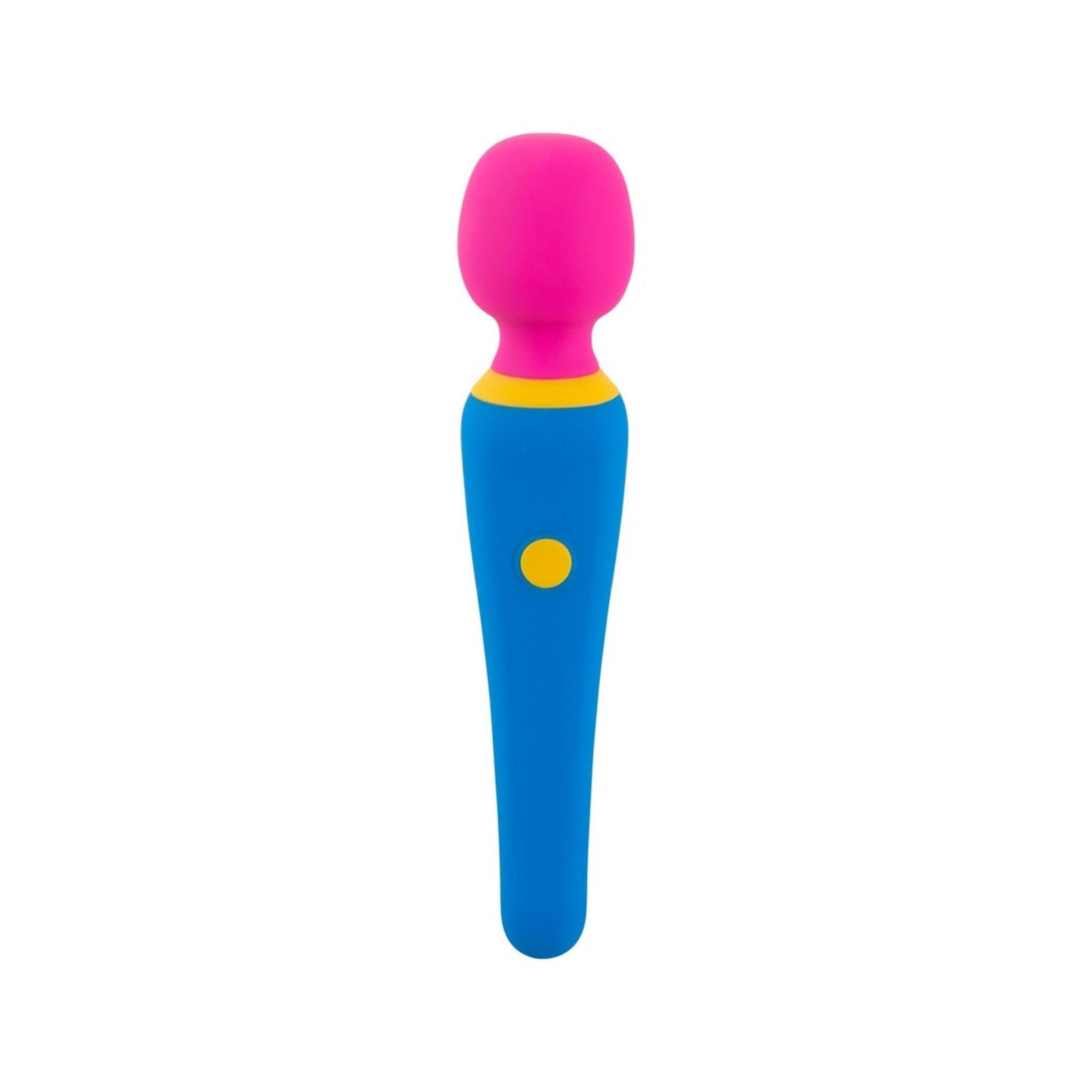 Blau-gelb-pinkfarbener Vibrator. Zylindrischer Griff, runder Kopf. Gelber Knopf. Aus Silikon.