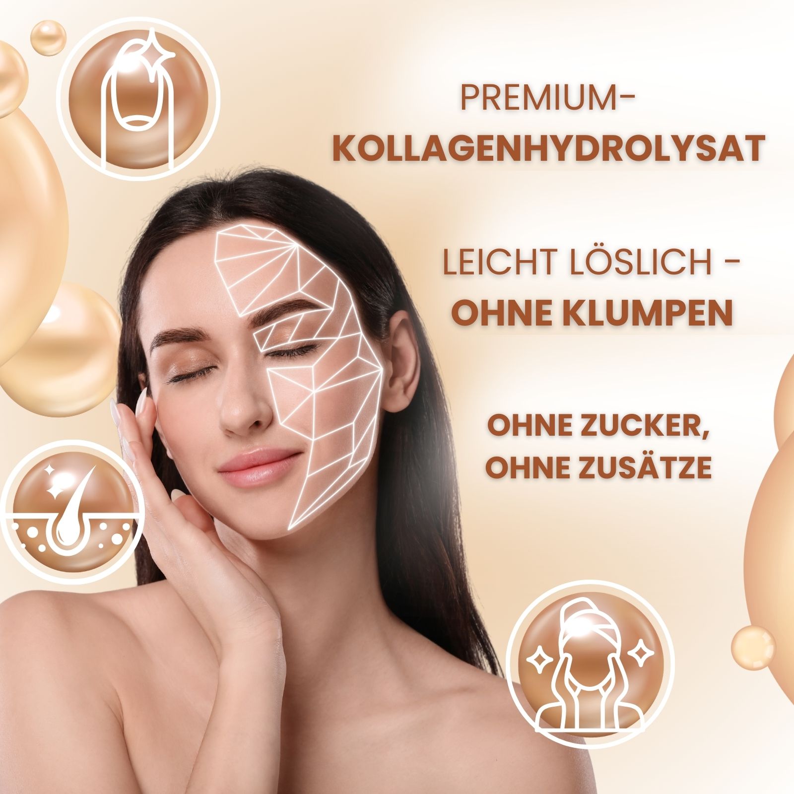 Frau mit Gesichtsgrafik. Text: Premium-Kollagenhydrolysat, leicht löslich, ohne Klumpen, ohne Zucker, ohne Zusätze. Symbole.
