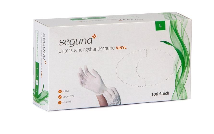 Box mit SEGUNA Vinyl-Handschuhen. Aufdruck: 'Untersuchungshandschuhe VINYL', '100 Stück'. Handschuh-Abbildung.