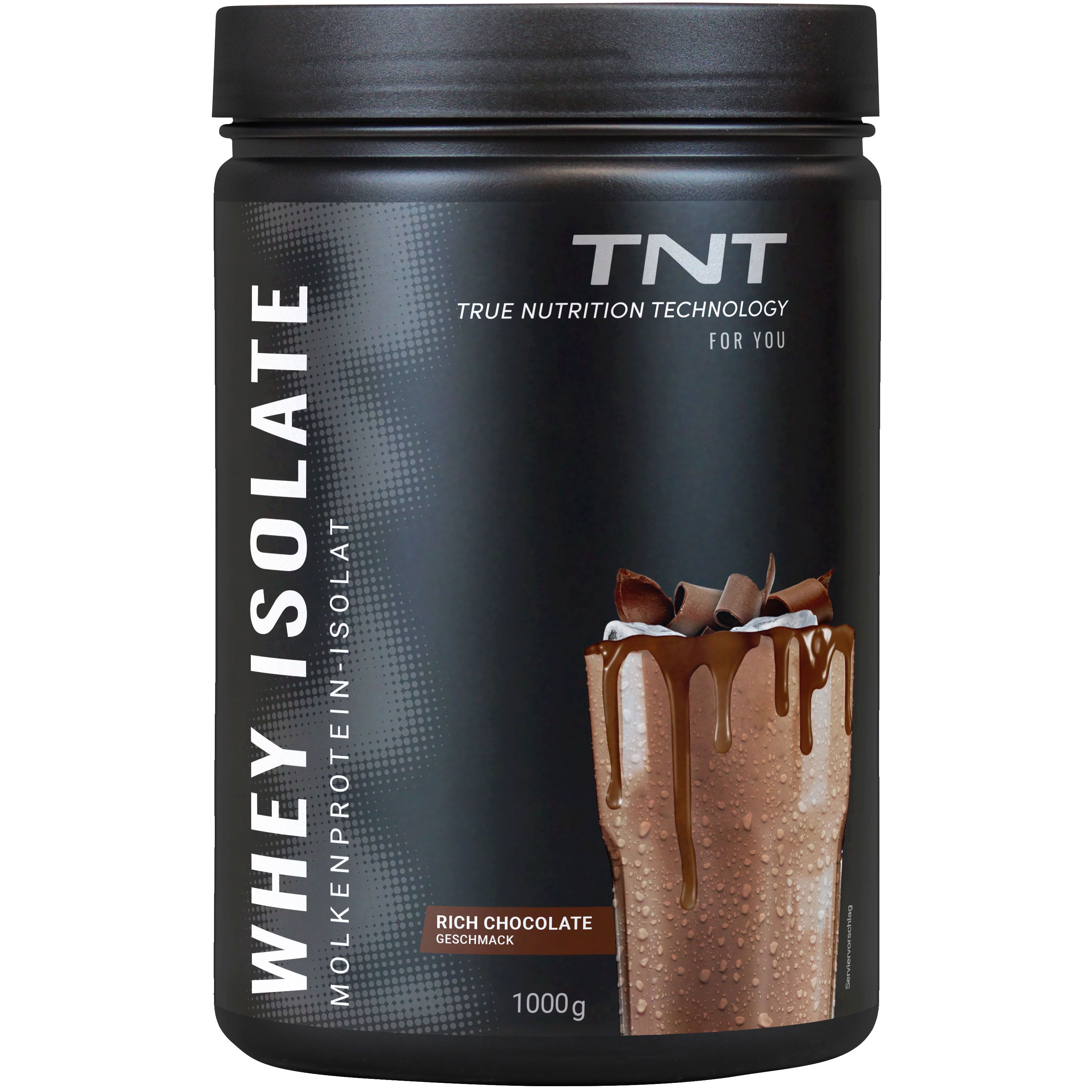 Schwarze Dose mit TNT True Whey Isolate. Aufschrift: Whey Isolate, Molkenproteinisolat, Rich Chocolate, 1000g. Abbildung eines Getränks.