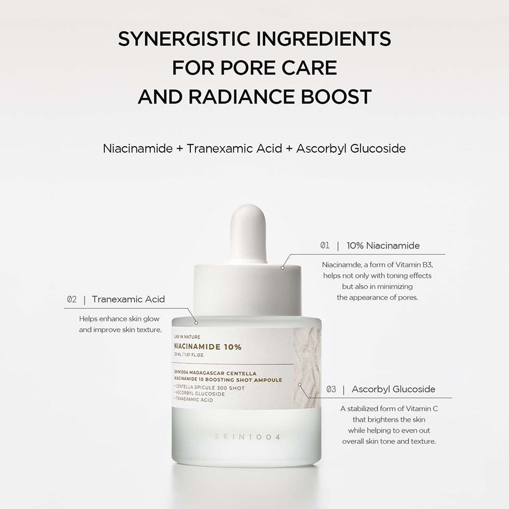 SKIN1004 Ampulle mit Niacinamid 10%, mit Erläuterungen zu Niacinamid, Tranexamsäure und Ascorbylglucosid.
