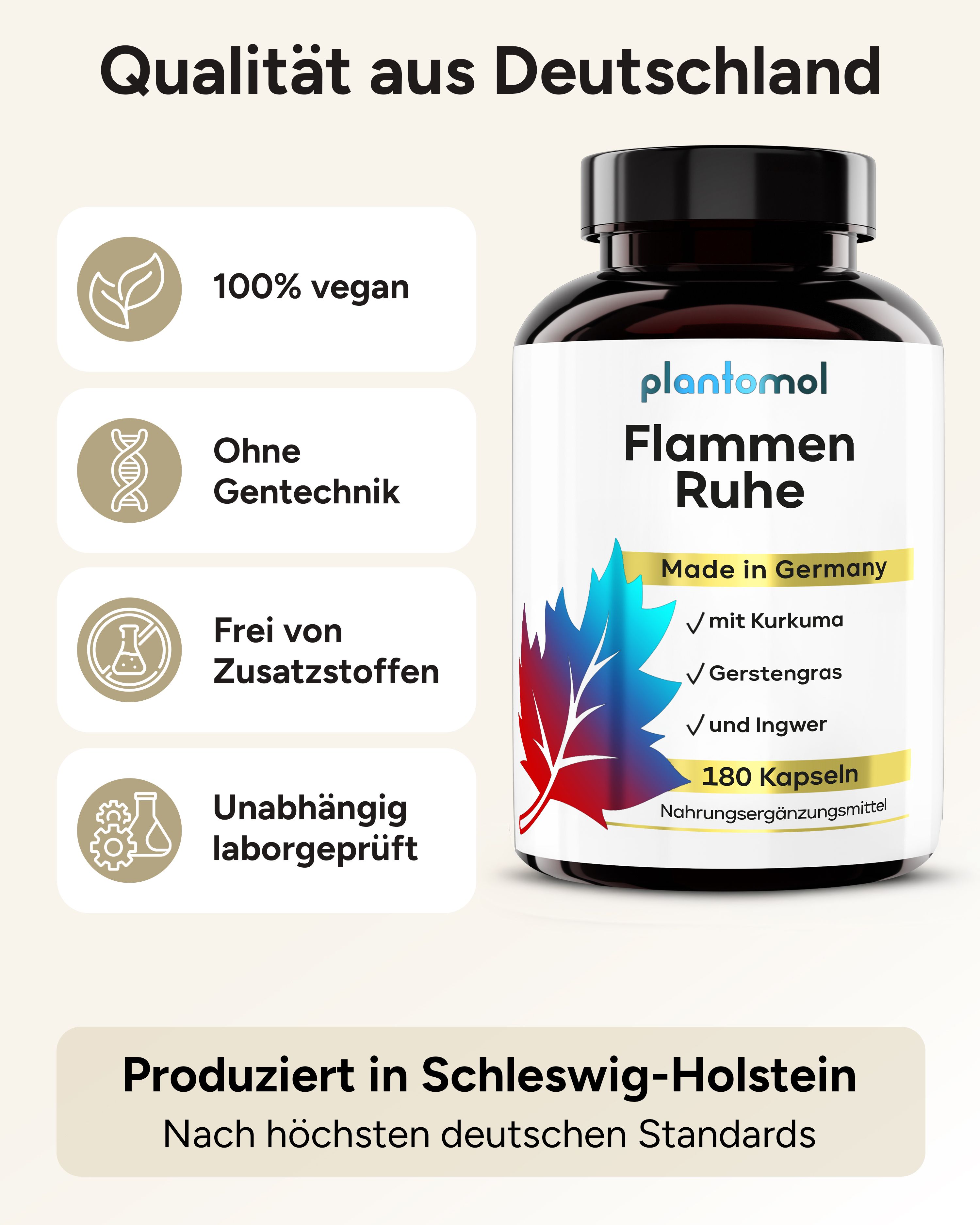 Flasche plantomol Flammen Ruhe. 100% vegan, ohne Gentechnik, ohne Zusatzstoffe, laborgeprüft. Hergestellt in Deutschland.
