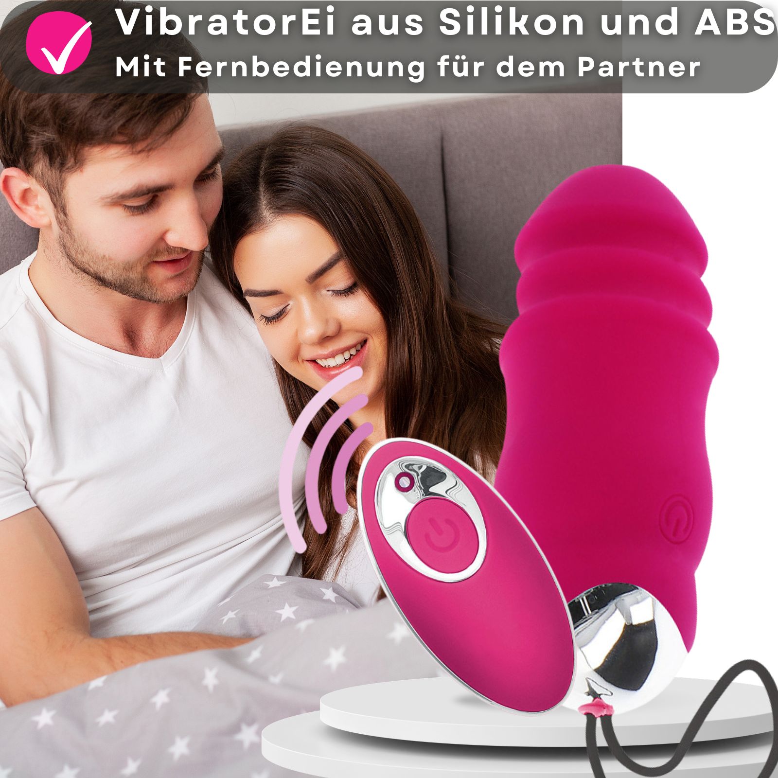 Pinkes Vibrator-Ei mit Fernbedienung. Silikon und ABS-Kunststoff. 9 cm lang, 3,3 cm Durchmesser. Wiederaufladbar.