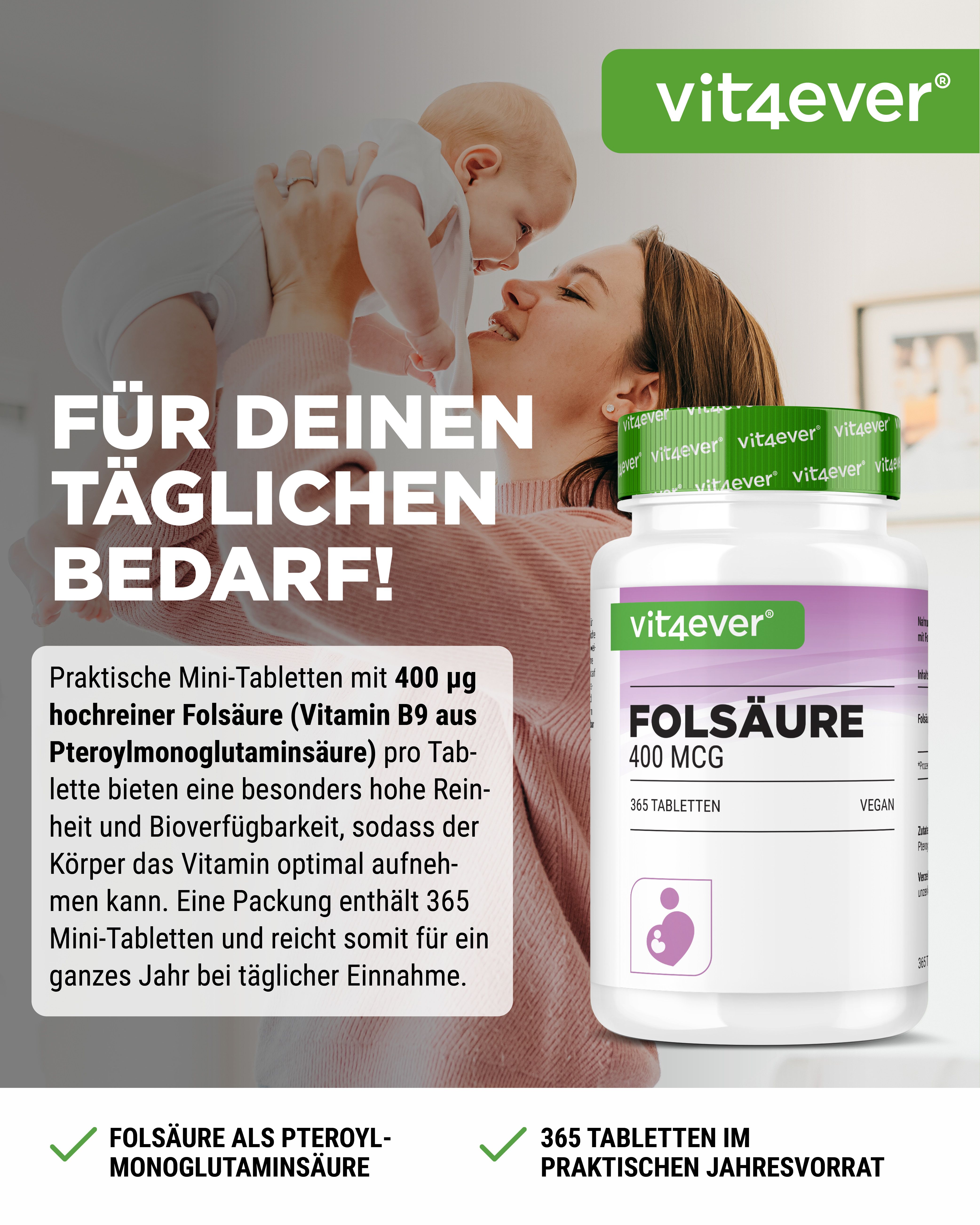Flasche mit Folsäure-Tabletten. Aufschrift: Folsäure 400 mcg, 365 Tabletten, vegan. Logo: vit4ever. Bild einer Mutter mit Baby.