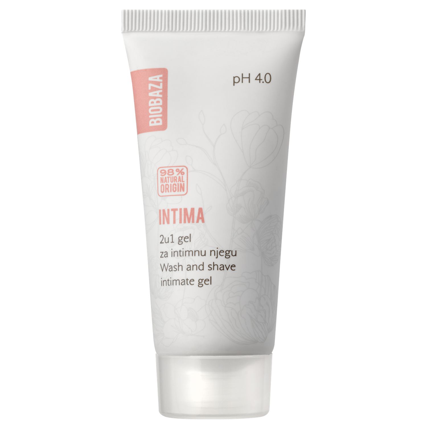 Weiß-rosa Tube. Aufschrift: BIOBAZA, INTIMA, 2u1 gel, Wash and shave, pH 4.0. Mit 98% natürlichen Inhaltsstoffen.