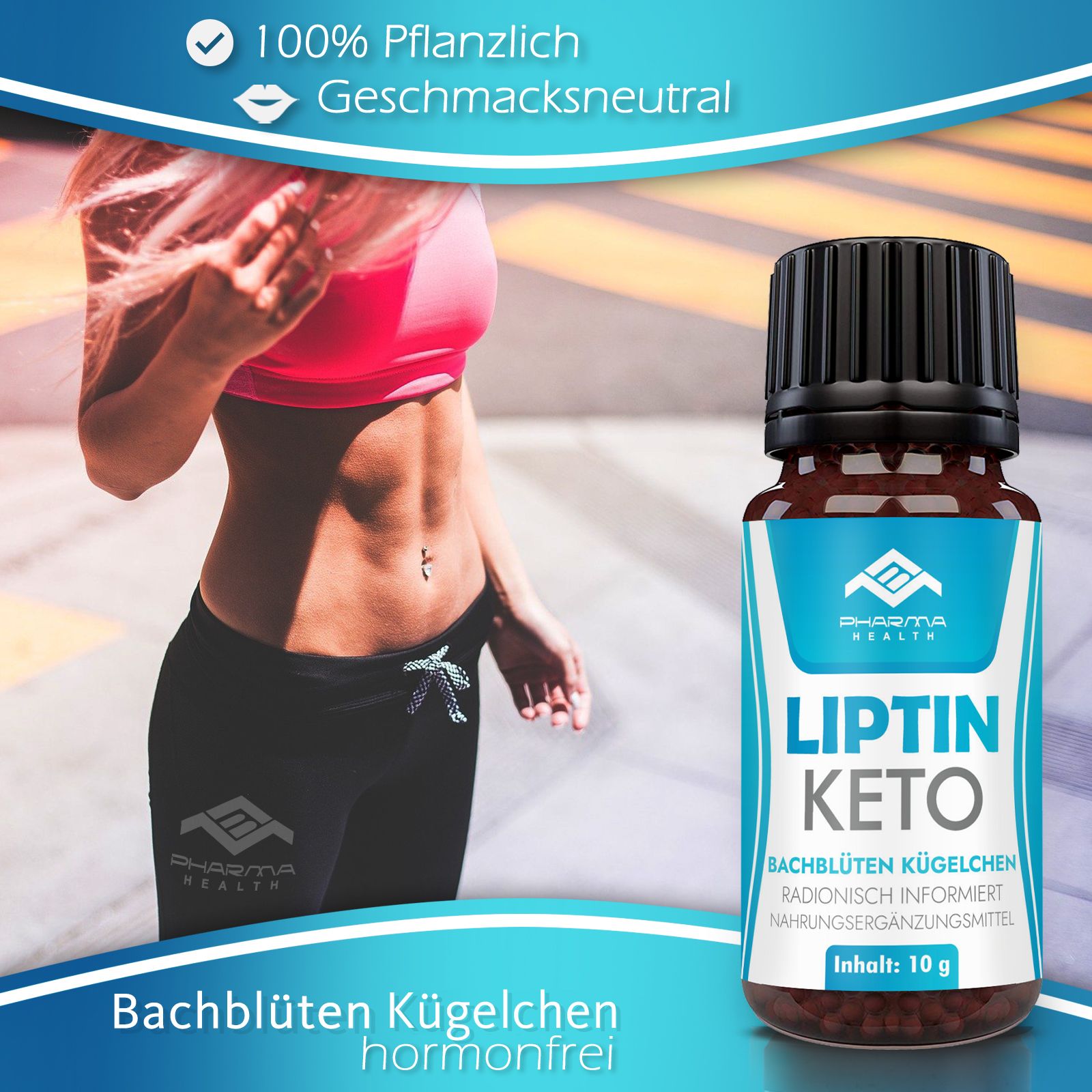 Braune Glasflasche mit schwarzem Deckel. Aufkleber mit "Pharma Health", "Liptin Keto" und weiteren Texten. Frau im Hintergrund.
