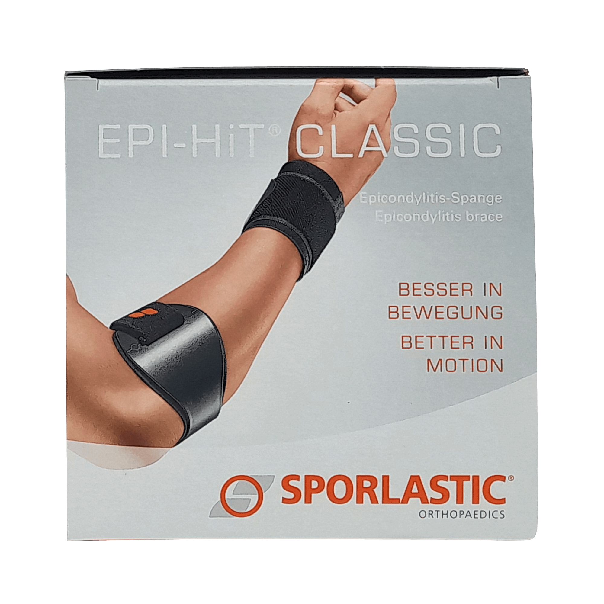 Verpackung von EPI-HIT CLASSIC. Zeigt eine Hand mit Ellenbogenbandage. Text: BESSER IN BEWEGUNG, SPORLASTIC Orthopaedics.