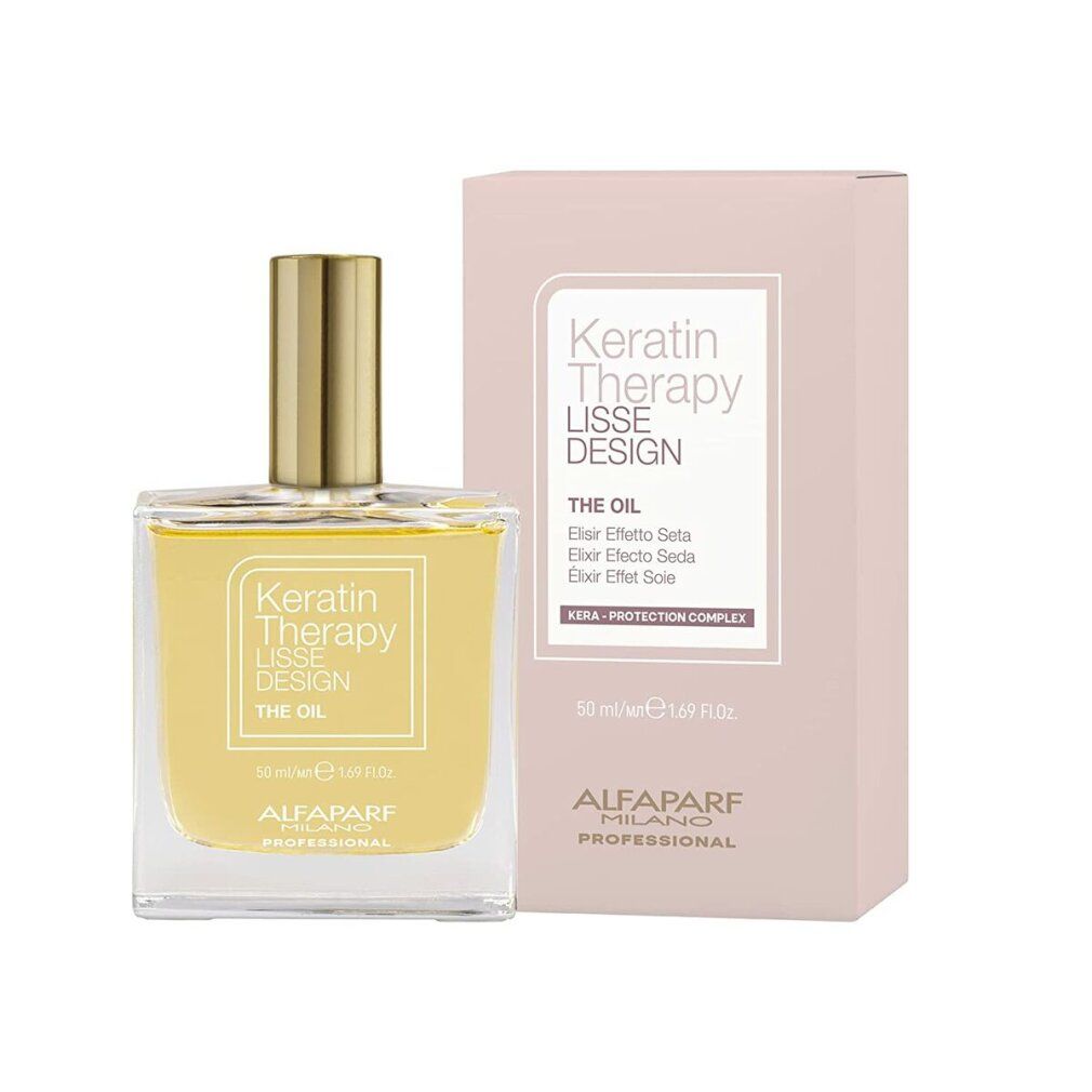 Glasflasche mit goldfarbenem Verschluss und rosa Verpackung. Aufschrift: Keratin Therapy Lisse Design The Oil. Marke Alfaparf Milano.