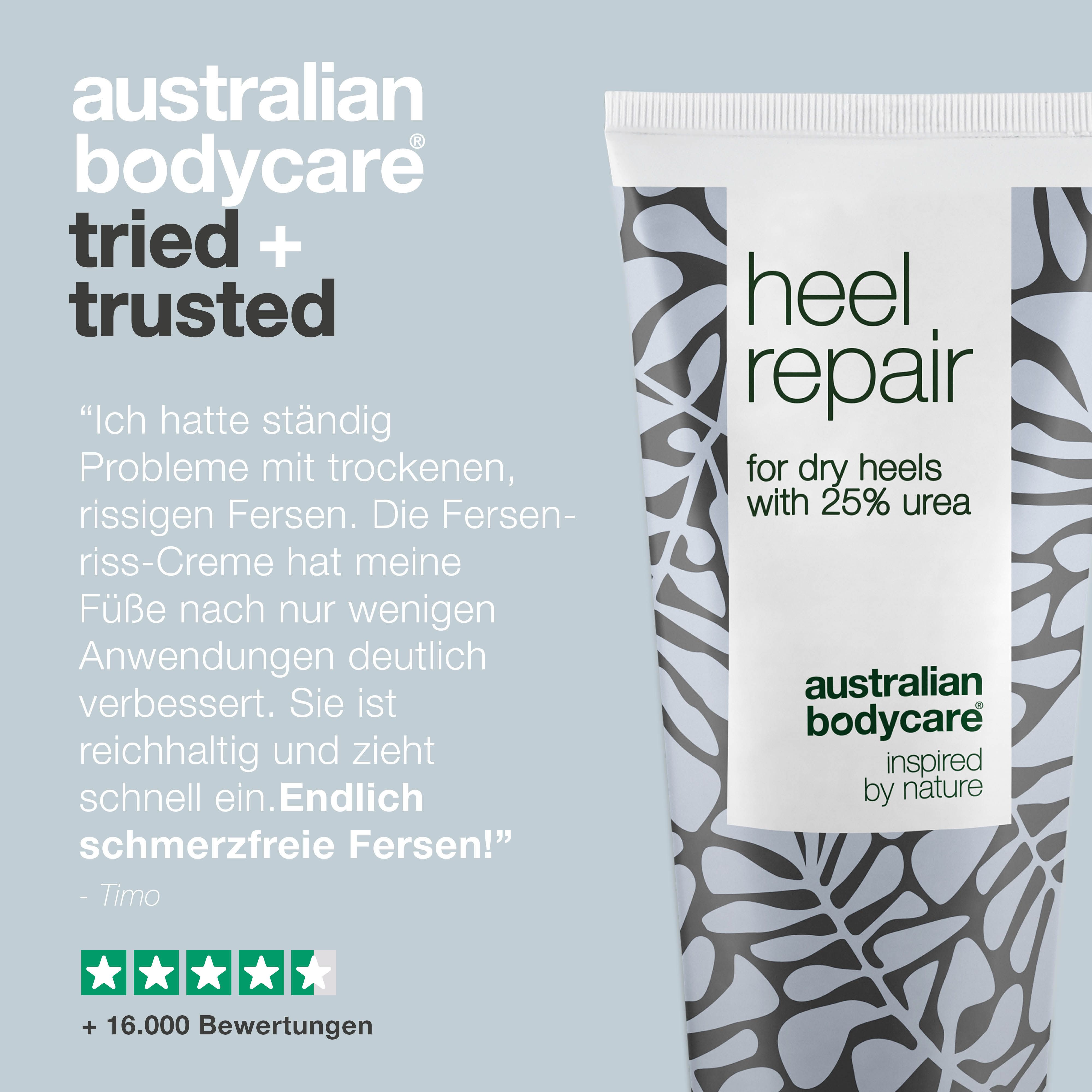 Tube Heel Repair, Australian Bodycare. Text: Erfahrungsbericht. 5 Sterne Bewertung.