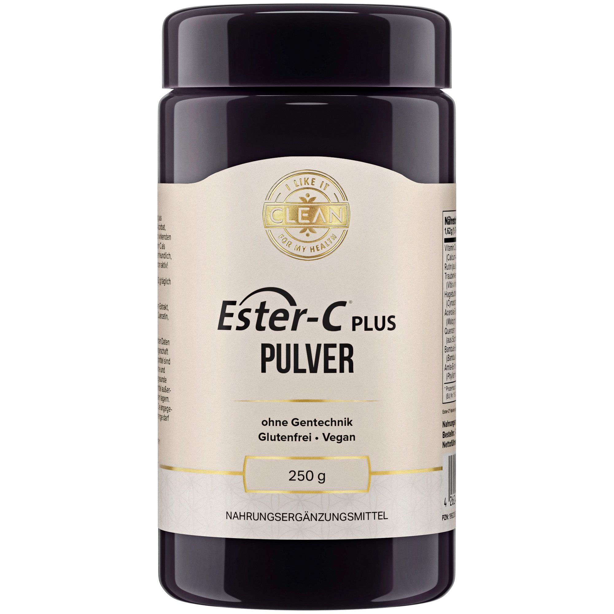 Dunkle Dose mit Ester-C Plus Pulver. Aufschrift: ohne Gentechnik, glutenfrei, vegan. 250 g. Logo: I like it clean.