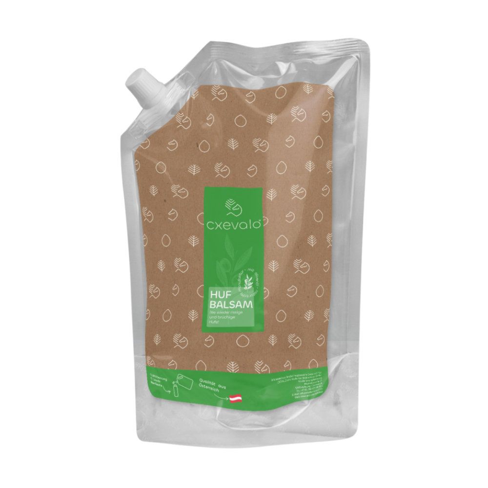 Nachfüllpackung in transparentem Beutel. Aufdruck mit Logo cxevalo, Huf Balsam. Grün-weißes Etikett.