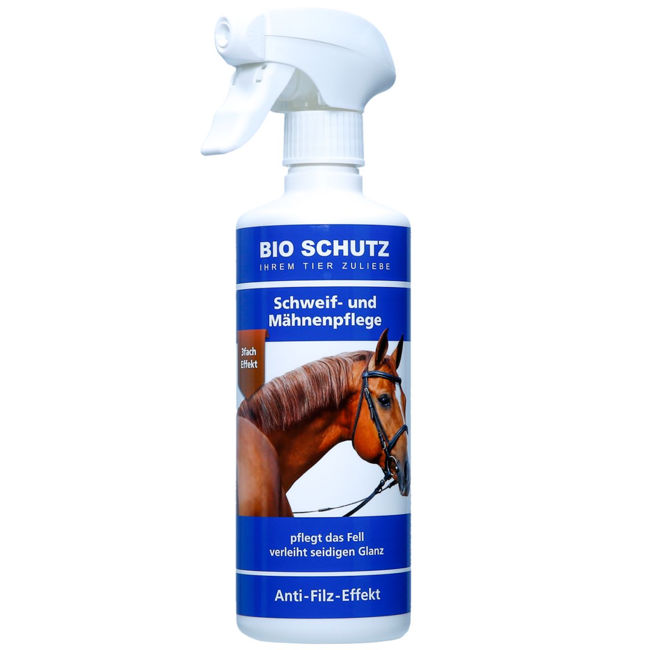 Weiße Sprühflasche mit blauem Etikett. Produktname: Bio Schutz Schweif- und Mähnenpflege. Abbildung eines Pferdes.