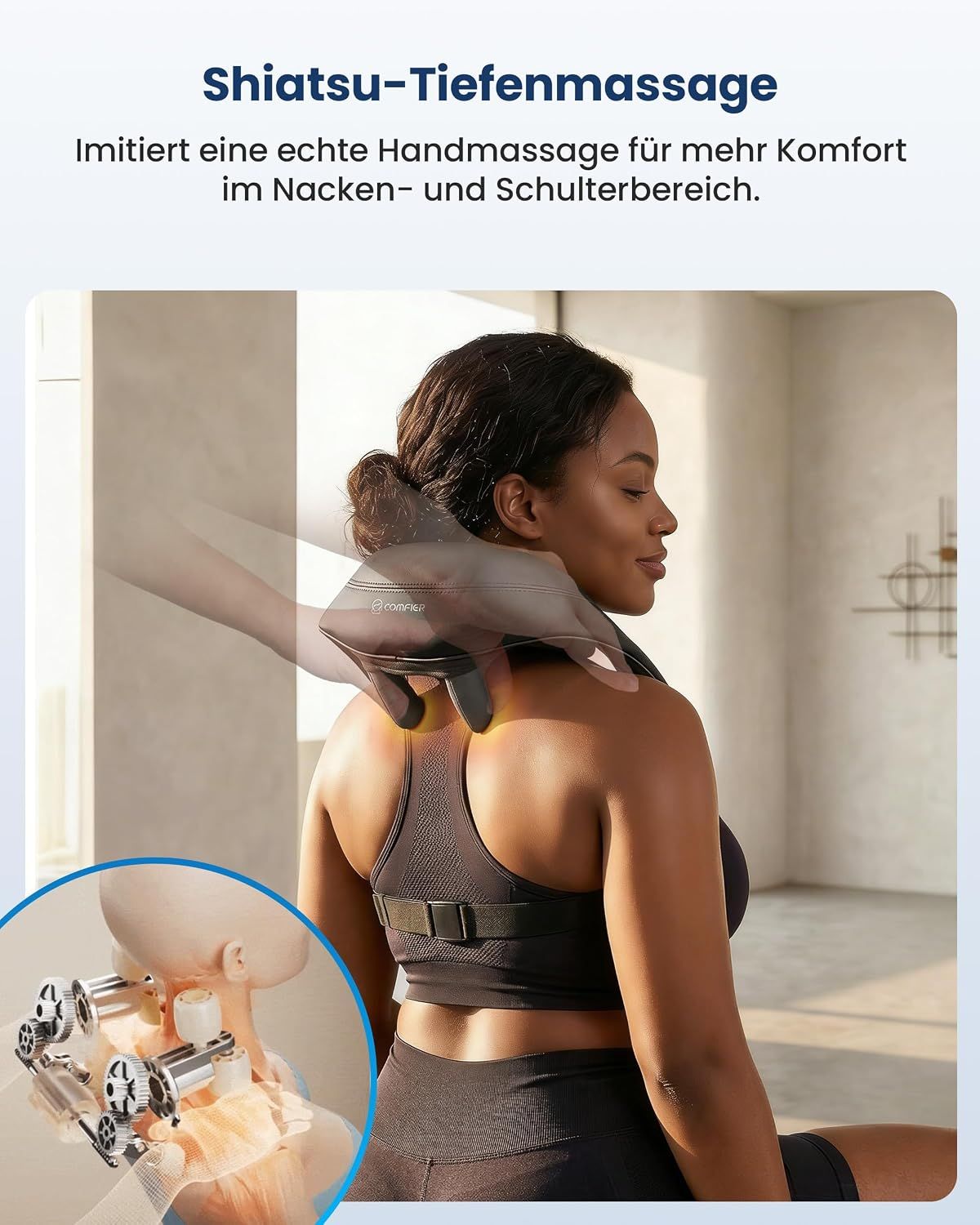 Schwarzes Nackenmassagegerät mit Heizfunktion und Bedienelementen.