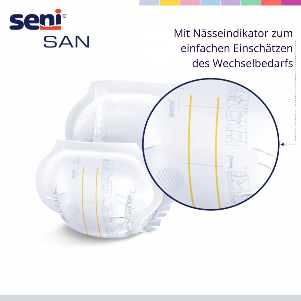 Zwei weiße Seni San Windeln mit Nässeindikator und Größenmarkierungen.