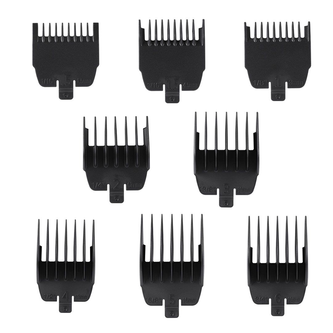 Set aus sieben schwarzen Aufsteckkämmen für Haarschneider.