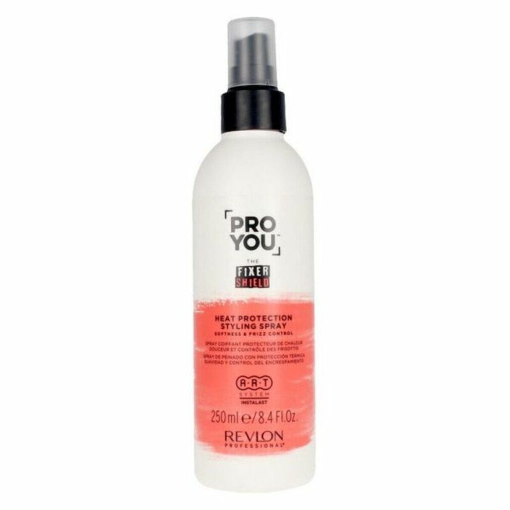 Weißes Spray mit schwarzem Sprühkopf. Roter Streifen mit Text: Heat Protection Styling Spray. Marke: Revlon Proyou.