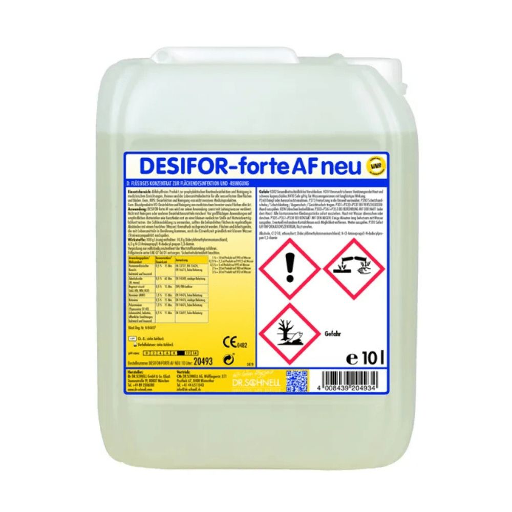Rechteckiger Kanister mit Flüssigkeit. Aufschrift DESIFOR-forte AF neu. Warnsymbole und CE-Zeichen. Volumen: 10 l.