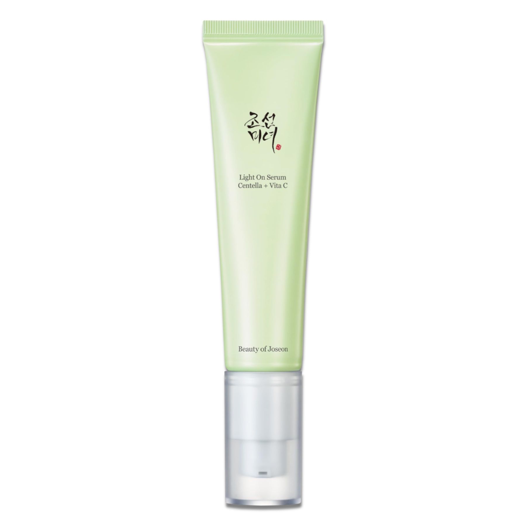 Grüne Tube mit weißem Pumpkopf. Text: Light On Serum Centella + Vita C. Marke: Beauty of Joseon. Koreanische Schriftzeichen.