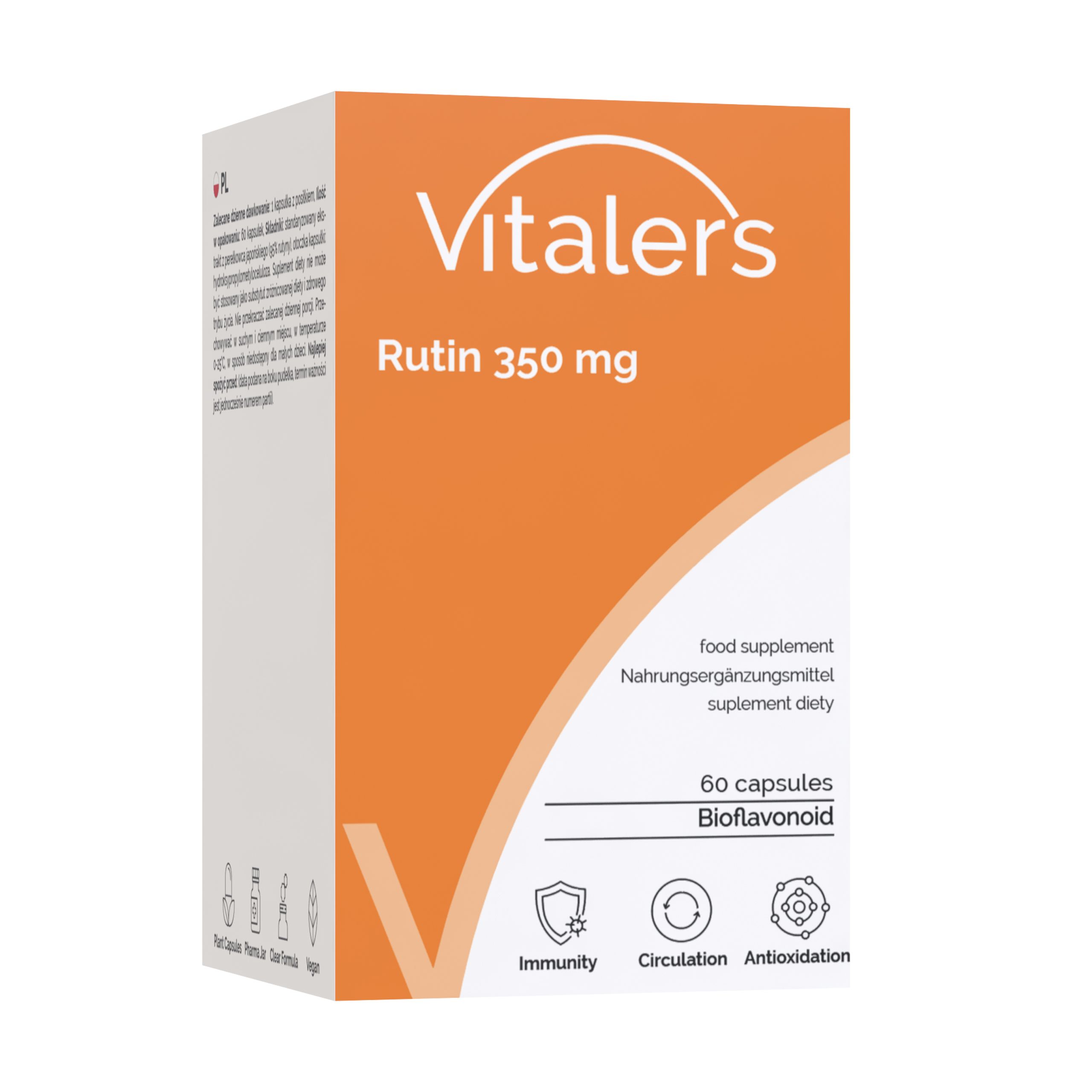 Verpackung von Vitaler's Rutin 350 mg mit Produktinformationen.