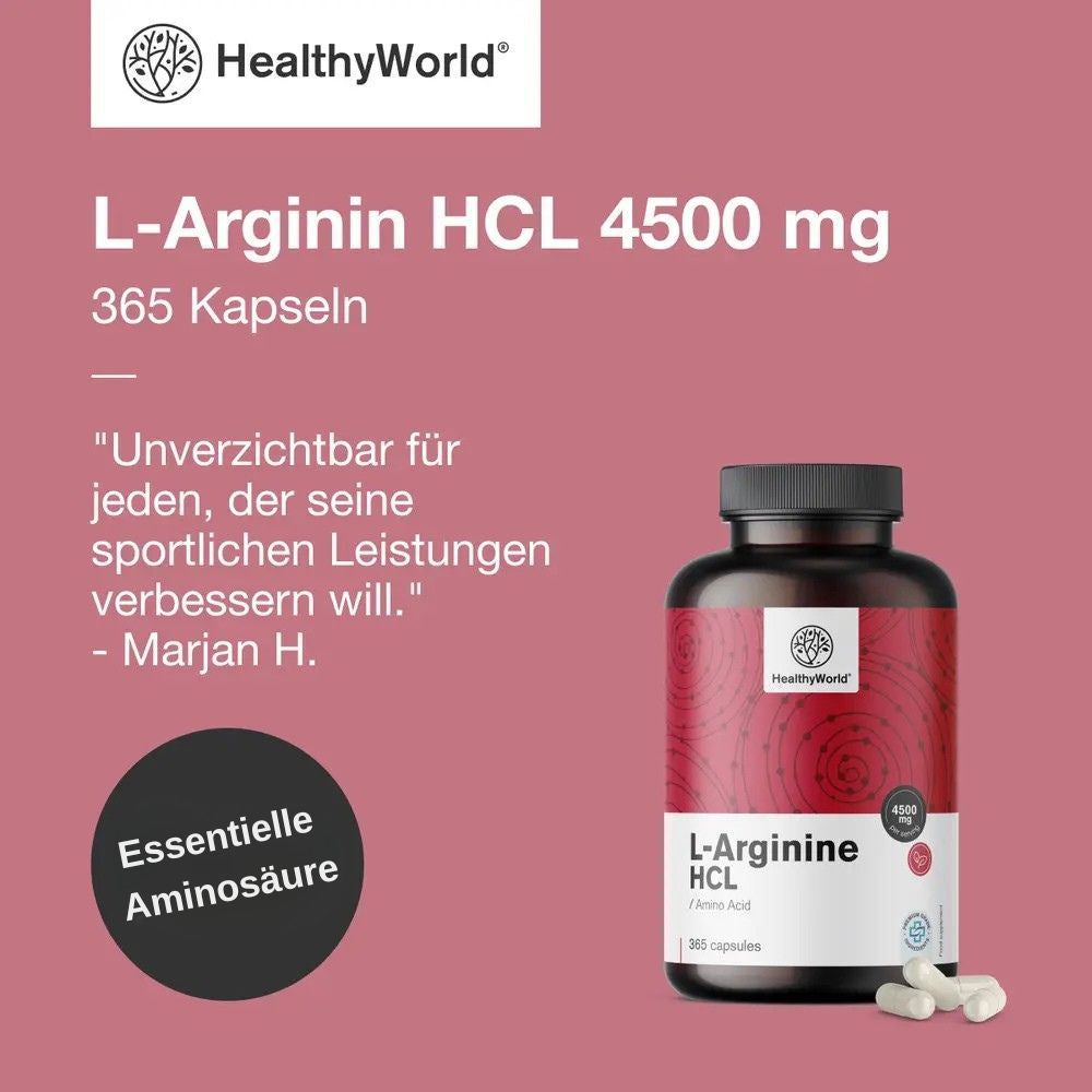 L-Arginin HCL 4500 mg, 365 Kapseln in dunkler Flasche mit rotem Etikett.