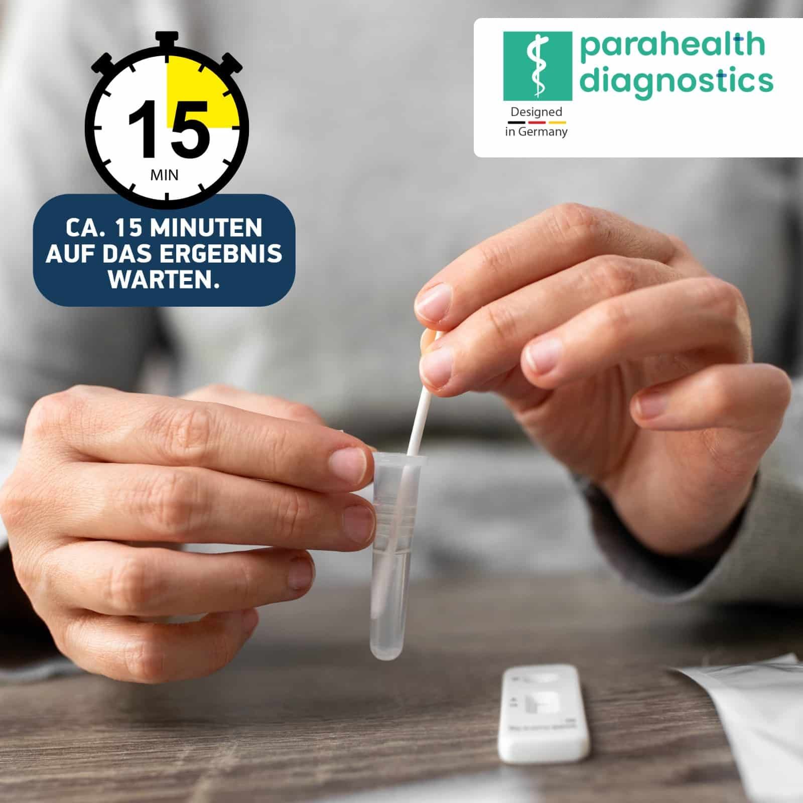 Person führt einen COVID-19-Schnelltest durch. 15 Minuten Wartezeit. Parahealth Diagnostics Logo.