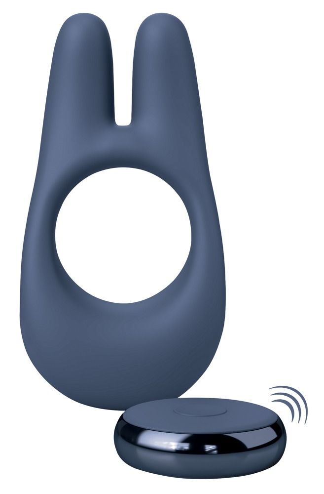 Blaues Silikon-Ring-Vibrationsgerät mit Fernbedienung. Ring mit zwei Erhebungen und großem Loch. Fernbedienung rund.