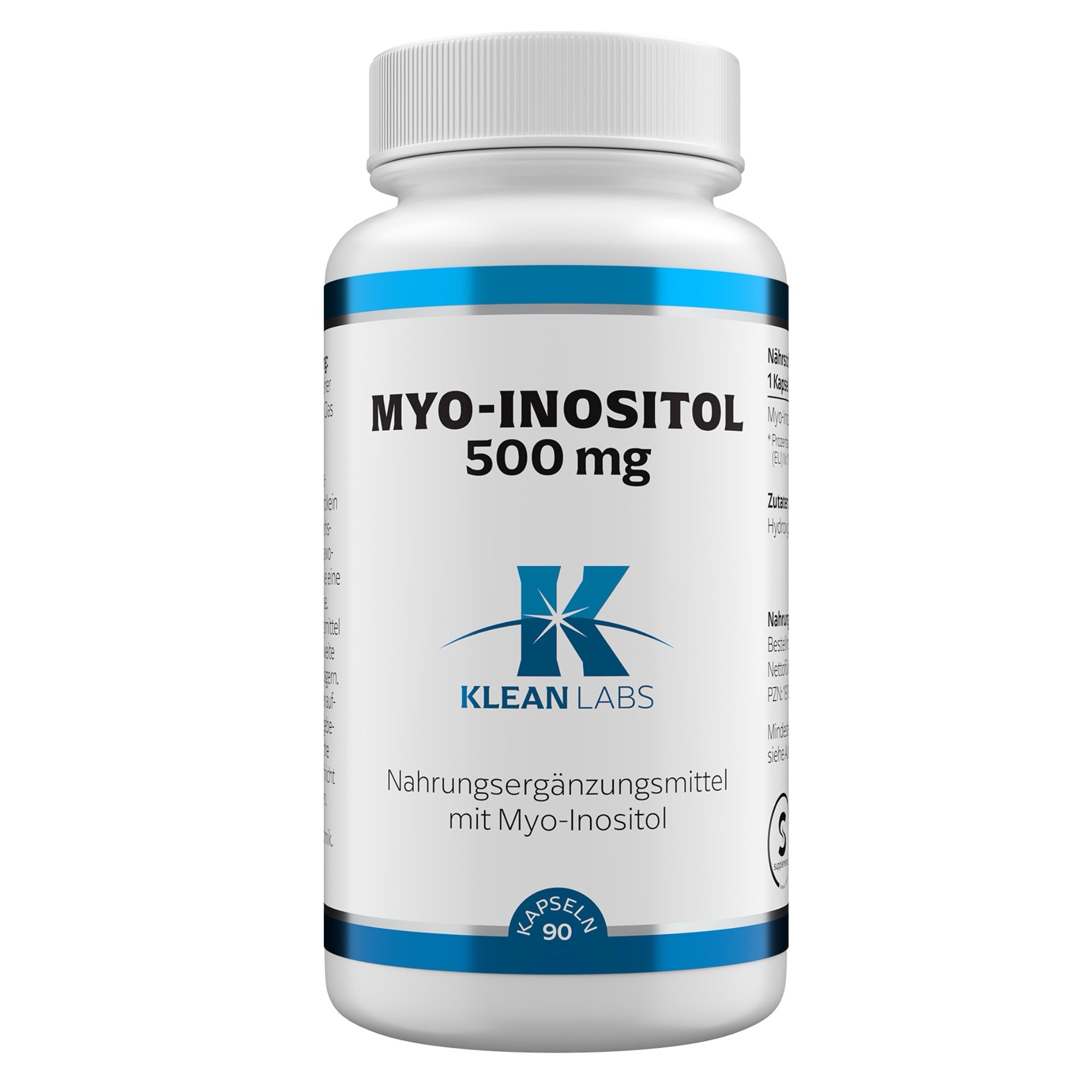 Weiße Flasche mit blauem Streifen. Aufschrift: MYO-INOSITOL 500 mg, Klean Labs Logo. Nahrungsergänzungsmittel mit Myo-Inositol. 90 Kapseln.