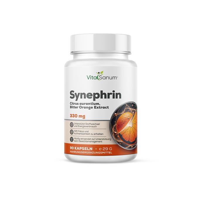 VitaSanum®-Synephrin-Kapseln. Weiße Flasche mit weißem Deckel. Etikett mit Produktnamen, Inhaltsstoffen und Illustration einer Orange.