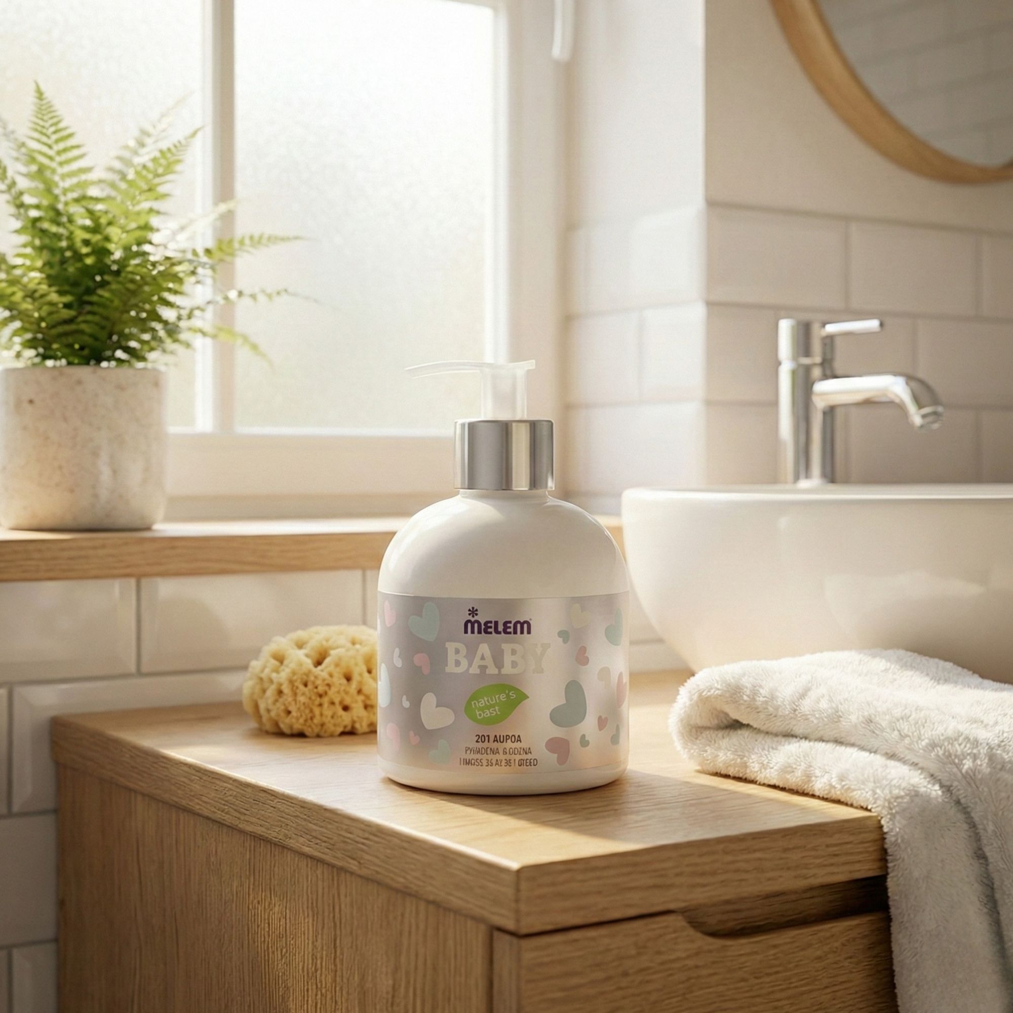 Weiße Flasche mit Pumpe, Etikett mit BABY-Schriftzug. Steht auf einem Holzschrank neben einem Waschbecken und Handtuch.