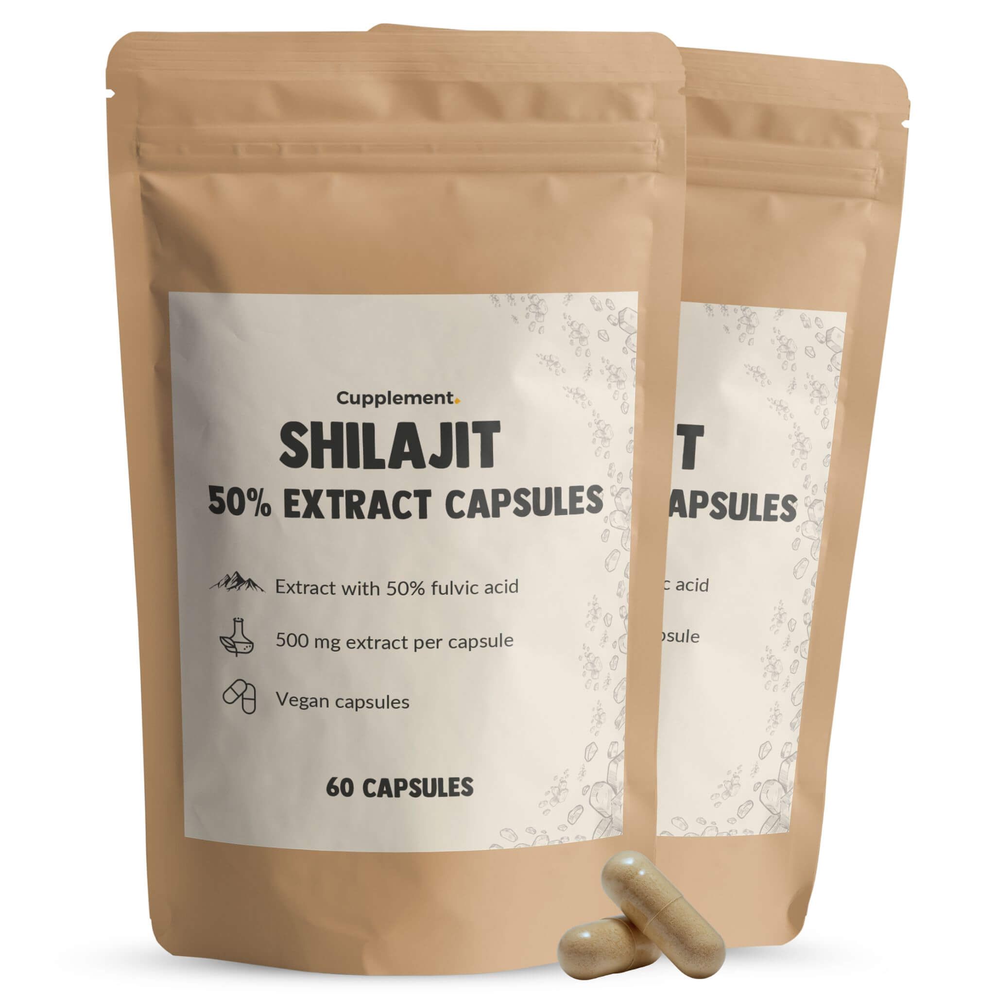 Zwei Beutel mit Shilajit-Extrakt-Kapseln. Aufschrift: 50% Extrakt, 500 mg pro Kapsel, vegane Kapseln, 60 Kapseln.