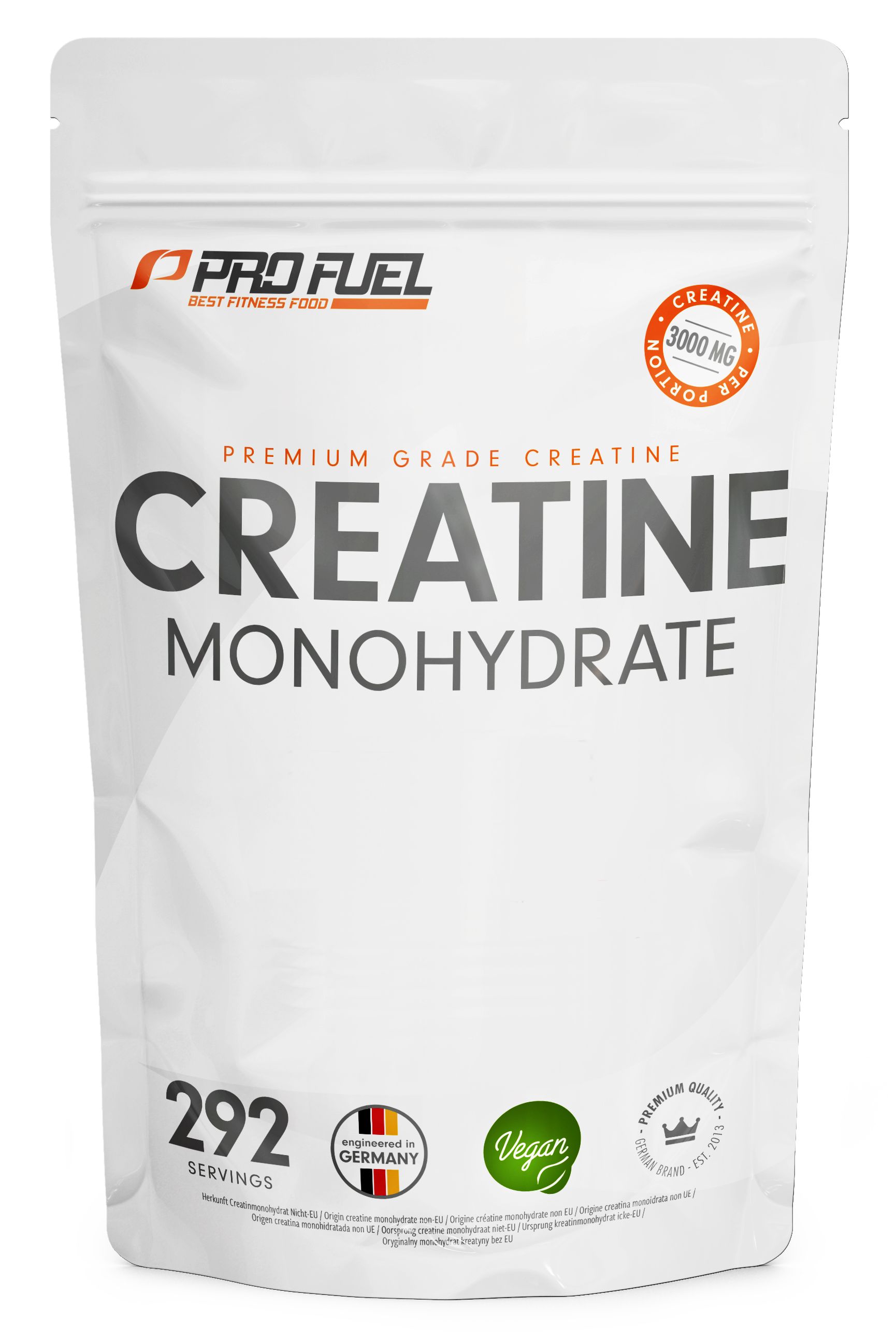 ProFuel Creatin Monohydrat Pulver Beutel mit 292 Portionen. Vegan und Made in Germany.