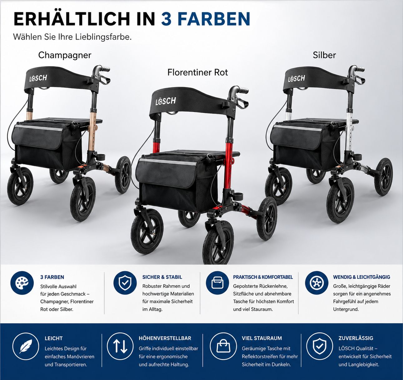 Rollator in drei Farben: Champagner, Florentiner Rot, Silber. Robuster Rahmen, höhenverstellbare Griffe, viel Stauraum, leicht.
