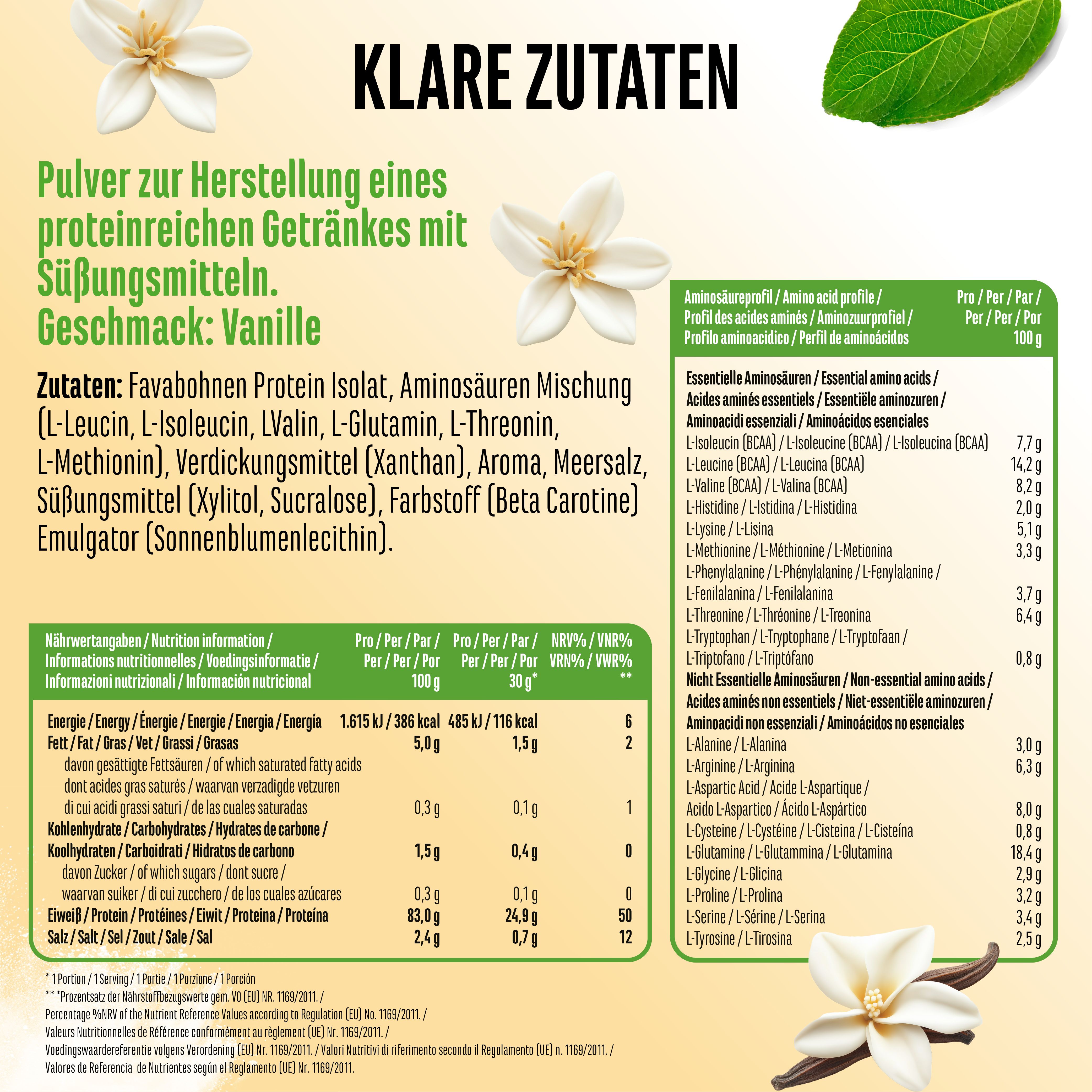 Nährwertinformationen und Zutatenliste für Yummy Vegan Protein. Enthält Favabohnen Protein Isolat, Aminosäuren, Süßungsmittel.