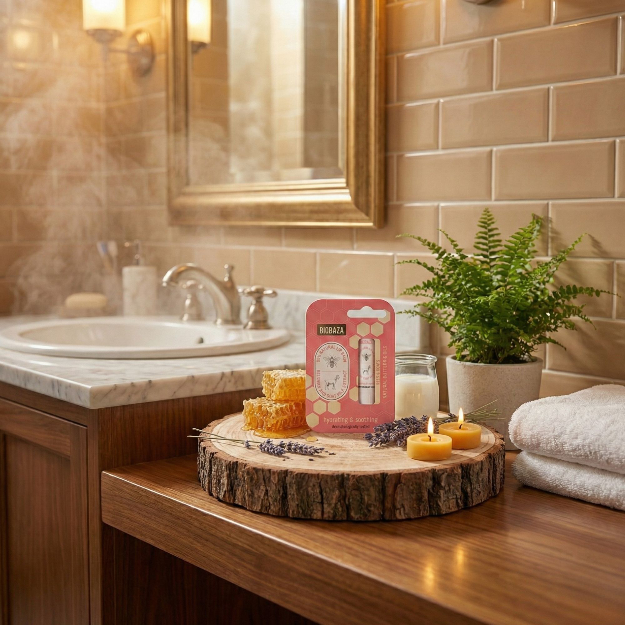 Badezimmer-Szene mit Lippenbalsam-Verpackung, Honigwaben, Kerzen und Pflanzen. Aufschrift: Biobaza. Hintergrund: Spiegel, Waschbecken und Fliesen.