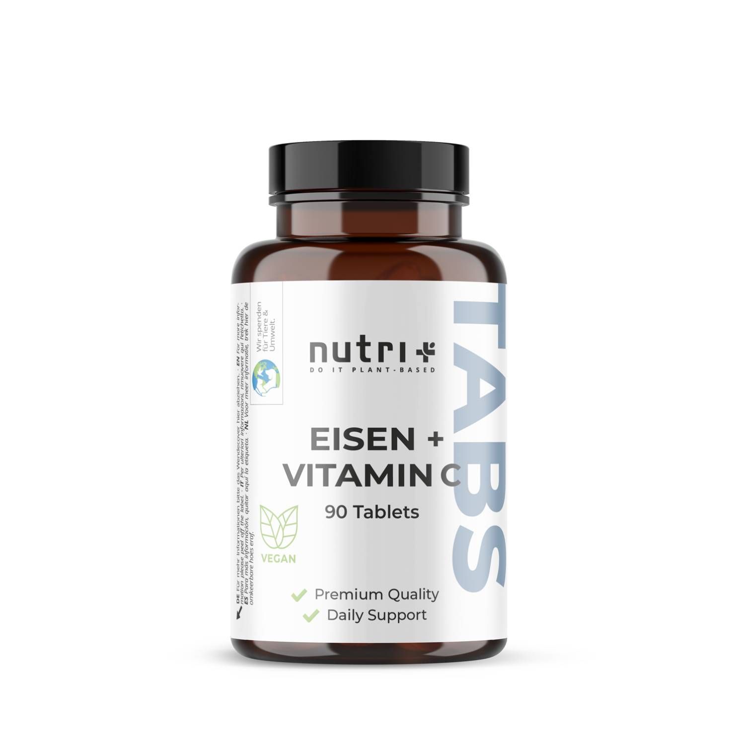 Braune Flasche mit weißen Etikett. Aufschrift: nutri+ Eisen + Vitamin C, 90 Tabletten. Vegan-Siegel.