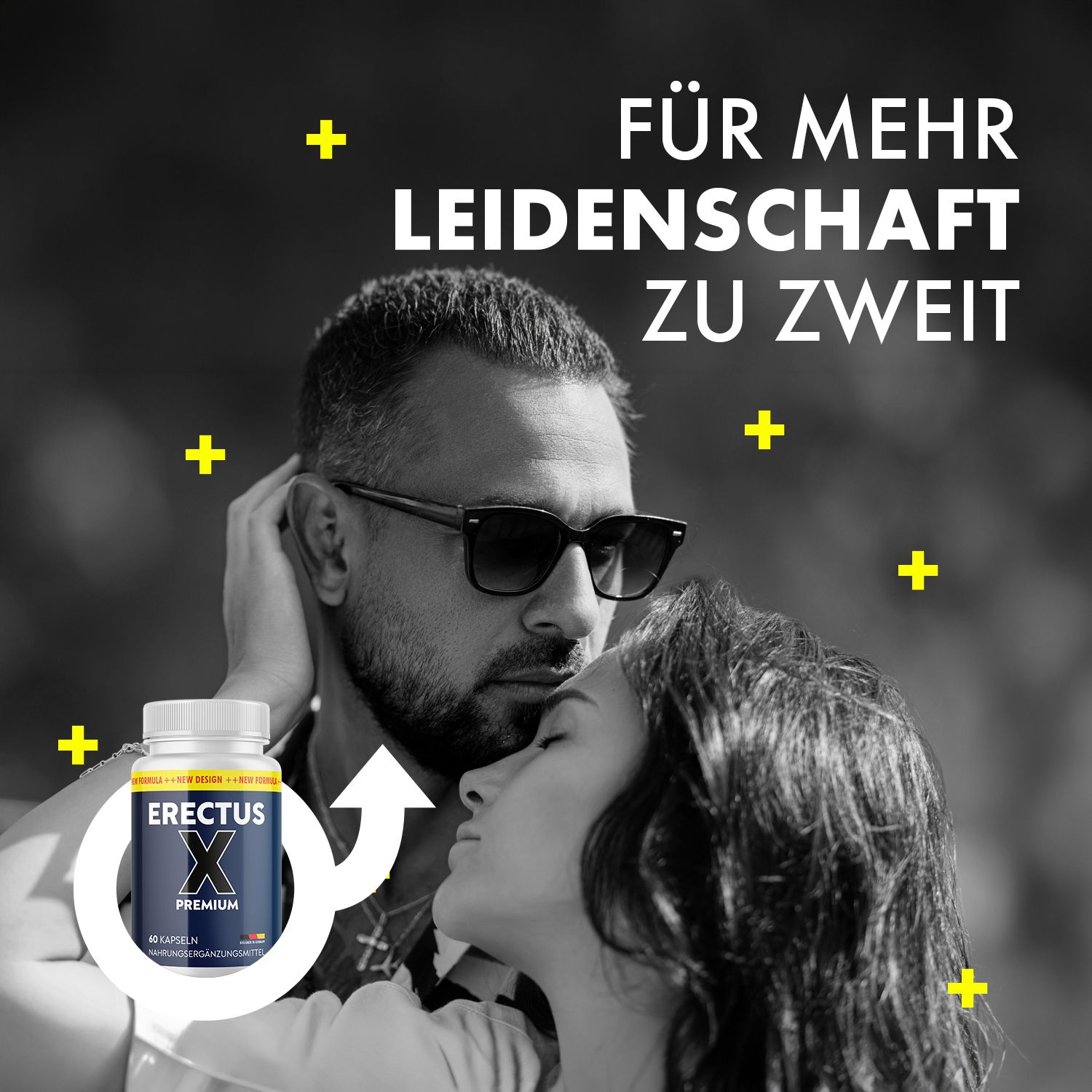 Paar hält Erectus X Premium Kapseln. Für mehr Leidenschaft zu zweit. Männersymbol und Pfeil.