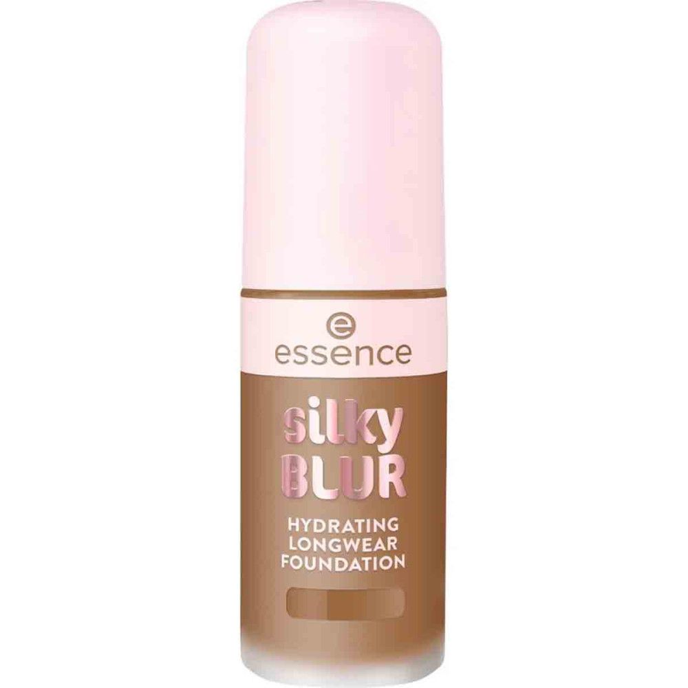 Essence Silky Blur Hydrating Longwear Foundation. Flasche mit rosa Deckel und braunem Inhalt.