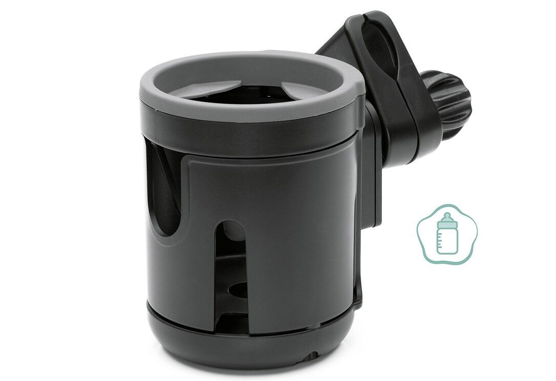 Schwarzer Flaschenhalter mit grauem Rand und Befestigungsklemme. Kunststoff. Mit Flaschen-Symbol.
