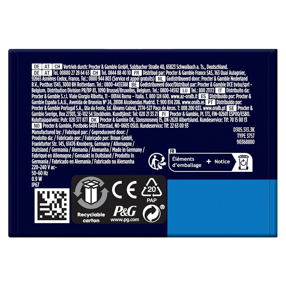 Rückseite der Verpackung der Oral-B Pro Junior 6+ elektrischen Zahnbürste mit Details.