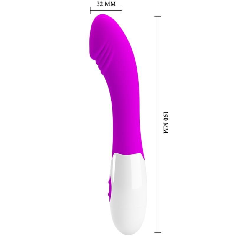 Lila und weißer Vibrator, 190 mm lang, 32 mm breit. Gebogene Form.