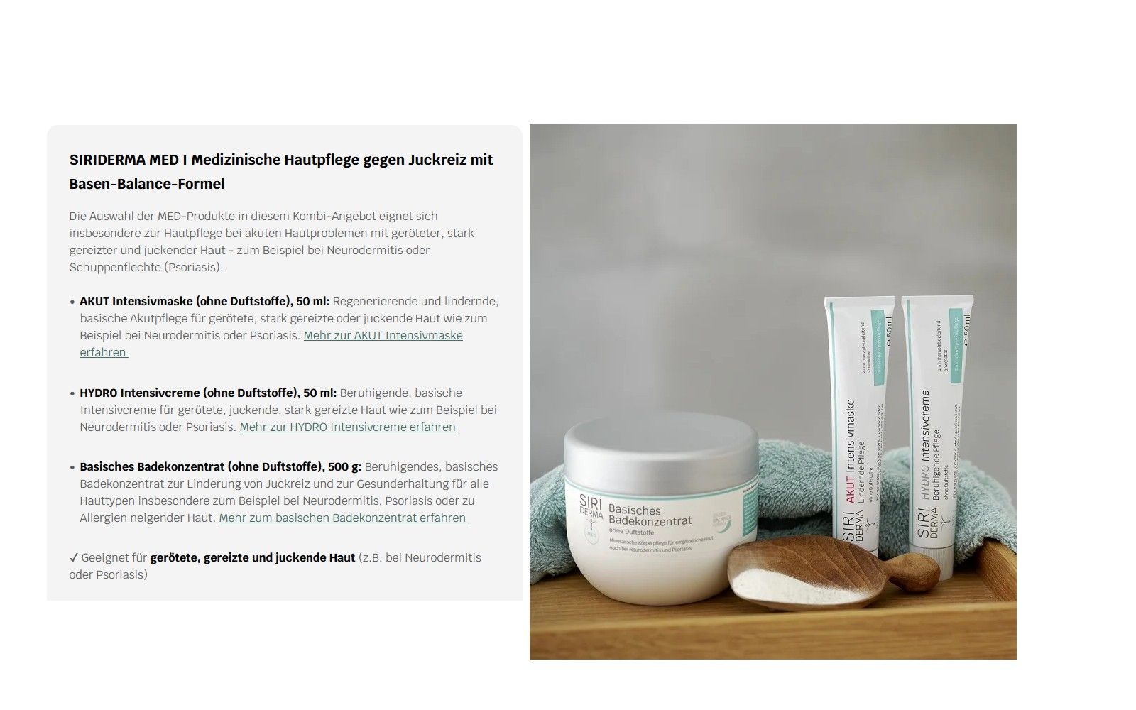 Produktabbildung: Tiegel, zwei Tuben. Text: SIRIDERMA MED, Medizinische Hautpflege gegen Juckreiz. Akut Intensivmaske, HYDRO Intensivcreme.