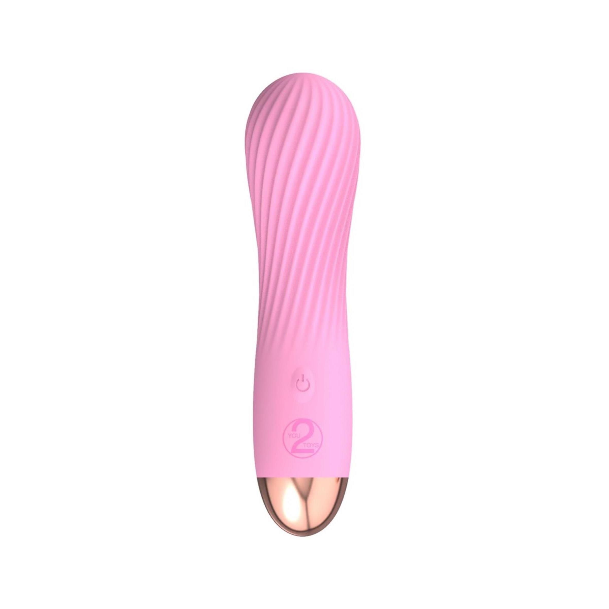 Rosa Vibrator mit gewellter Oberfläche, goldfarbener Spitze und Bedienknöpfen.