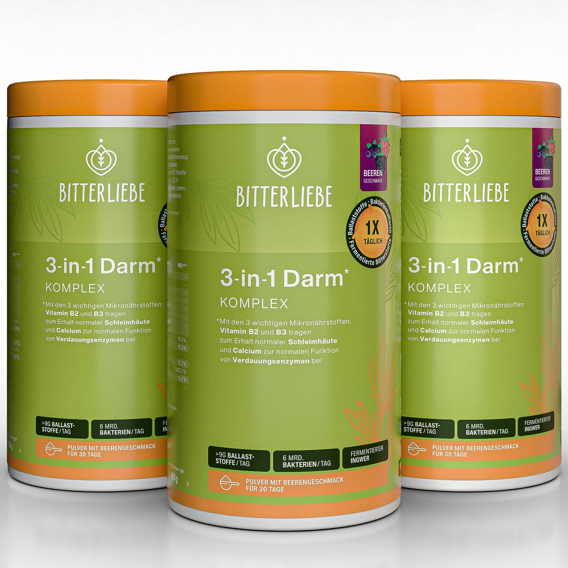 BitterLiebe - 3-in-1 Darm* Komplex - Darmkur Pulver mit 9g Ballaststoffen & Darmbakterien