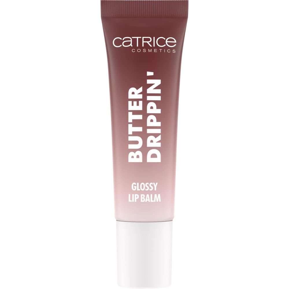 Lippenbalsam-Tube. Farbverlauf von braun zu weiß. Schriftzug: CATRICE, BUTTER DRIPPIN', GLOSSY LIP BALM.