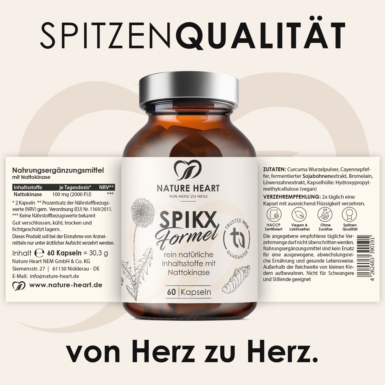 Nature Heart SpikX Formel Kapseln in Braunglasflasche, 60 Stück. Mit Nattokinase.